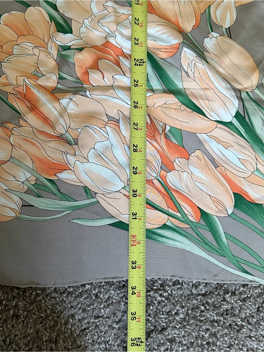 Floral 100% Silk Scarf in Taupe with Red & Peach Blooms Tulip Italian